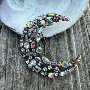 Vintage Carolee Silver Crescent Moon Brooch with Celestial Crystal Design